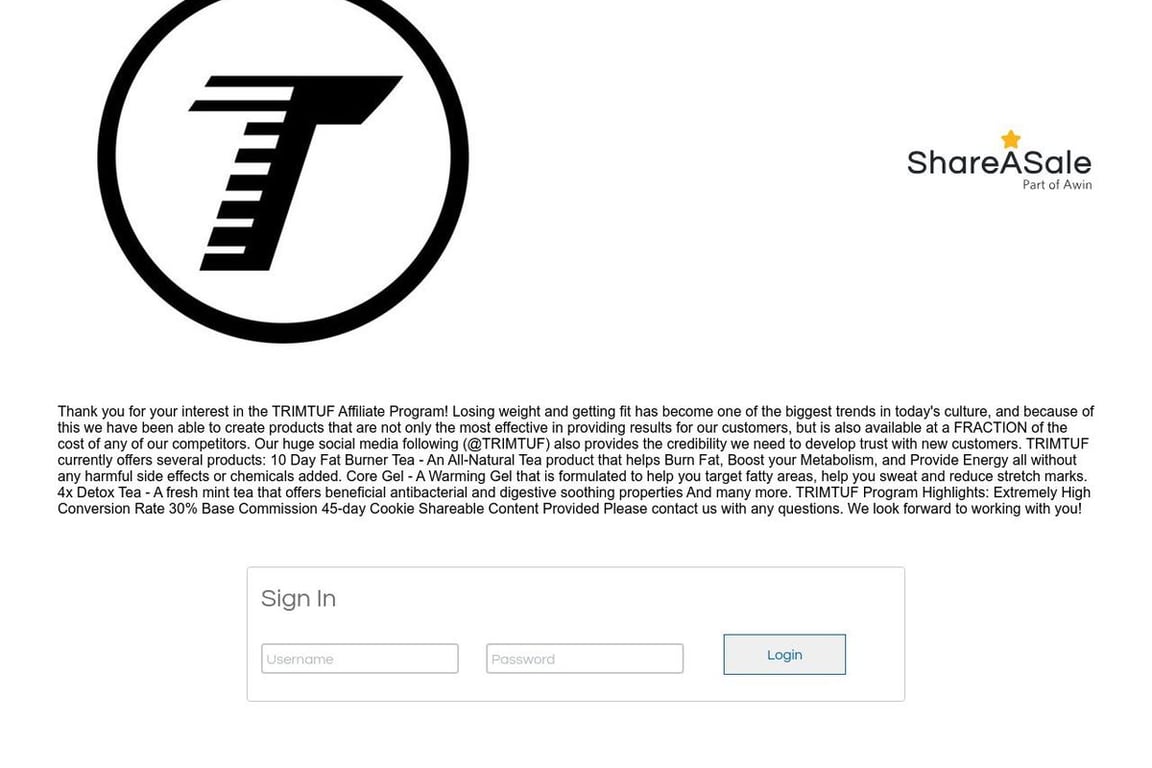 Trimtuf affiliate program signup page