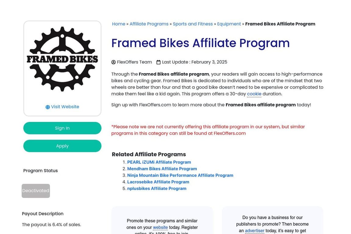 Framed Bikes affiliate program signup page