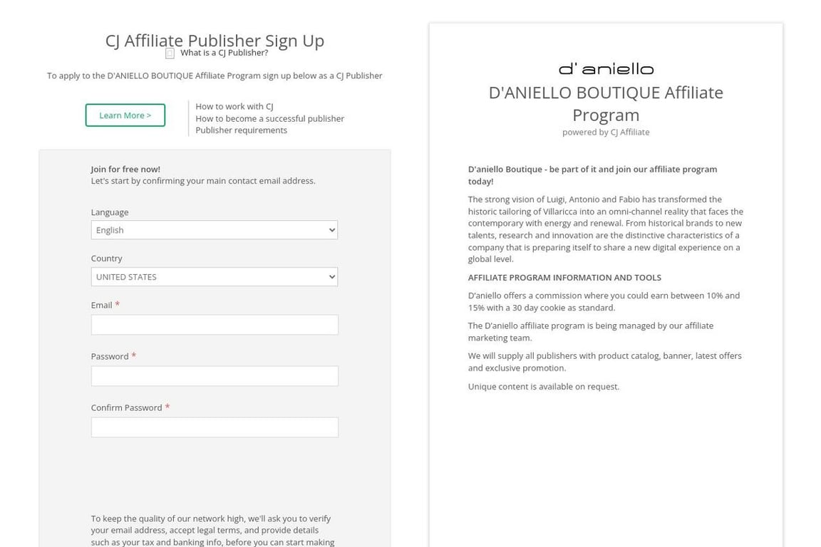 D’aniello Boutique (US) affiliate program signup page