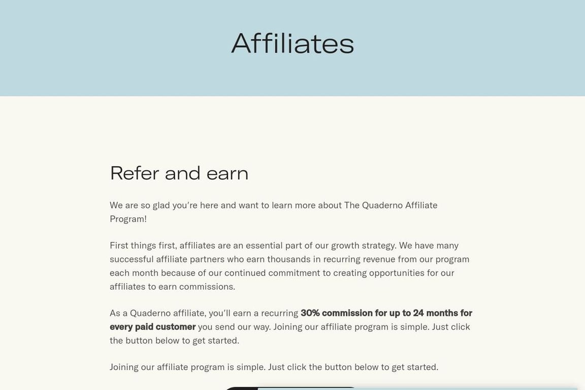 Quaderno affiliate program signup page