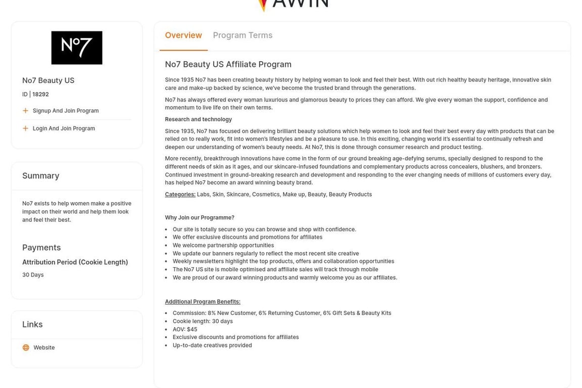 No7 Beauty affiliate program signup page
