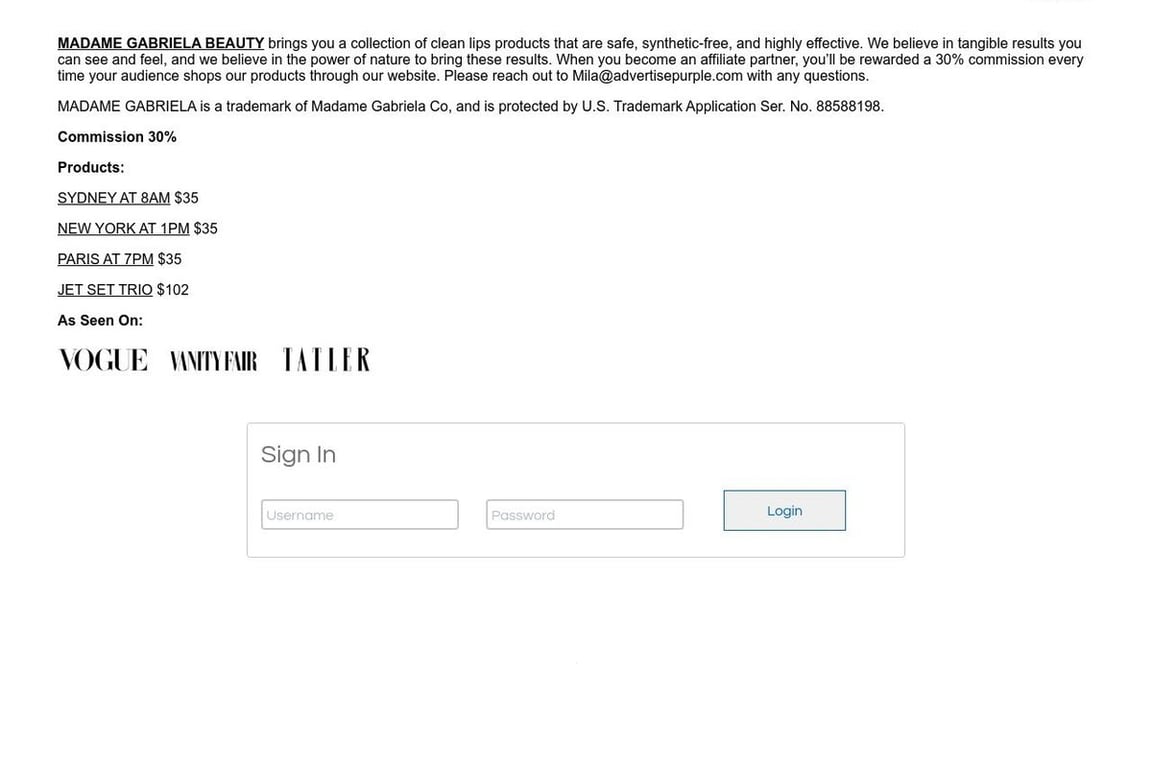 Madame Gabriela Beauty affiliate program signup page