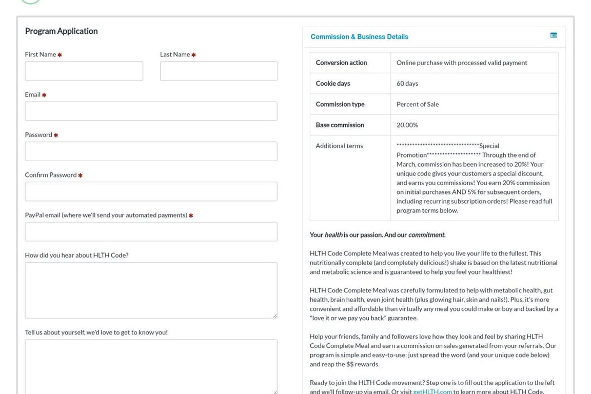 HLTH Code affiliate program signup page