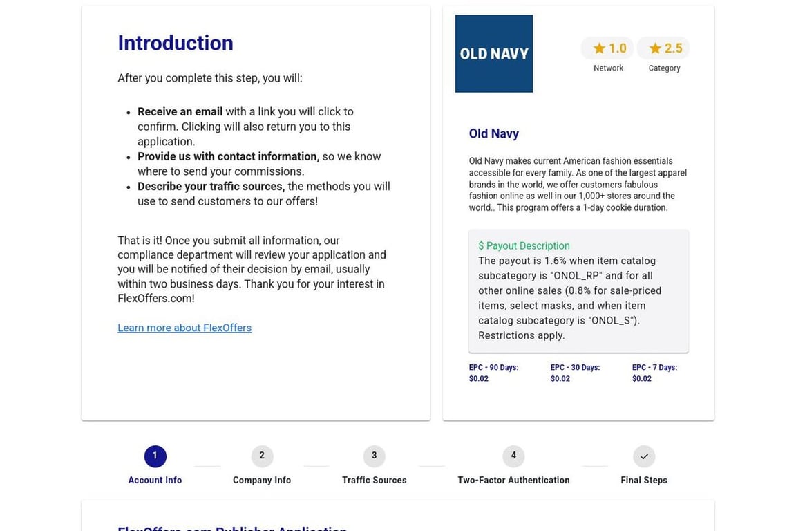 Old Navy affiliate program signup page