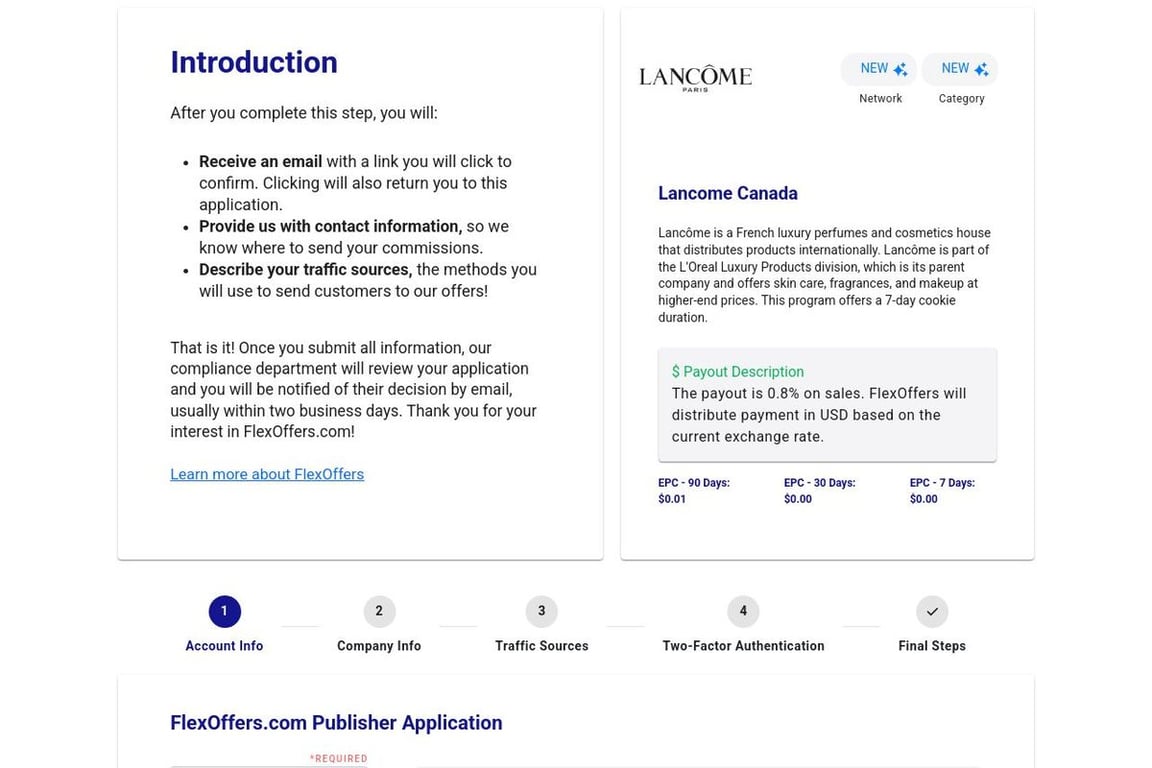 Lancome Canada affiliate program signup page