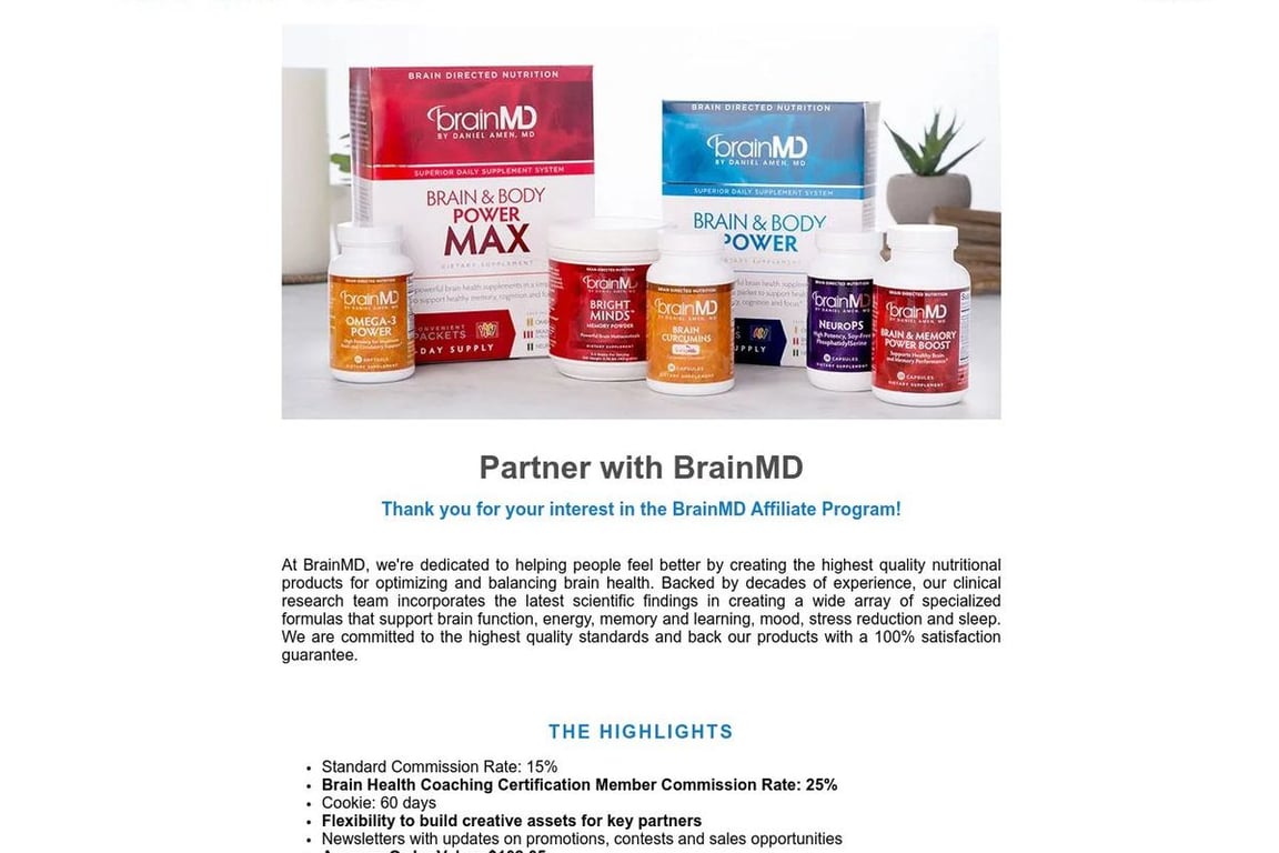 BrainMD affiliate program signup page