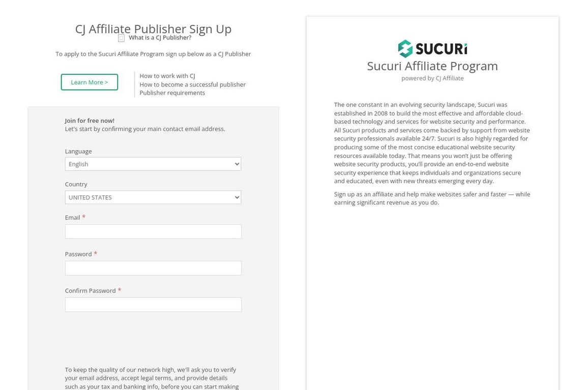 Sucuri Ads affiliate program signup page