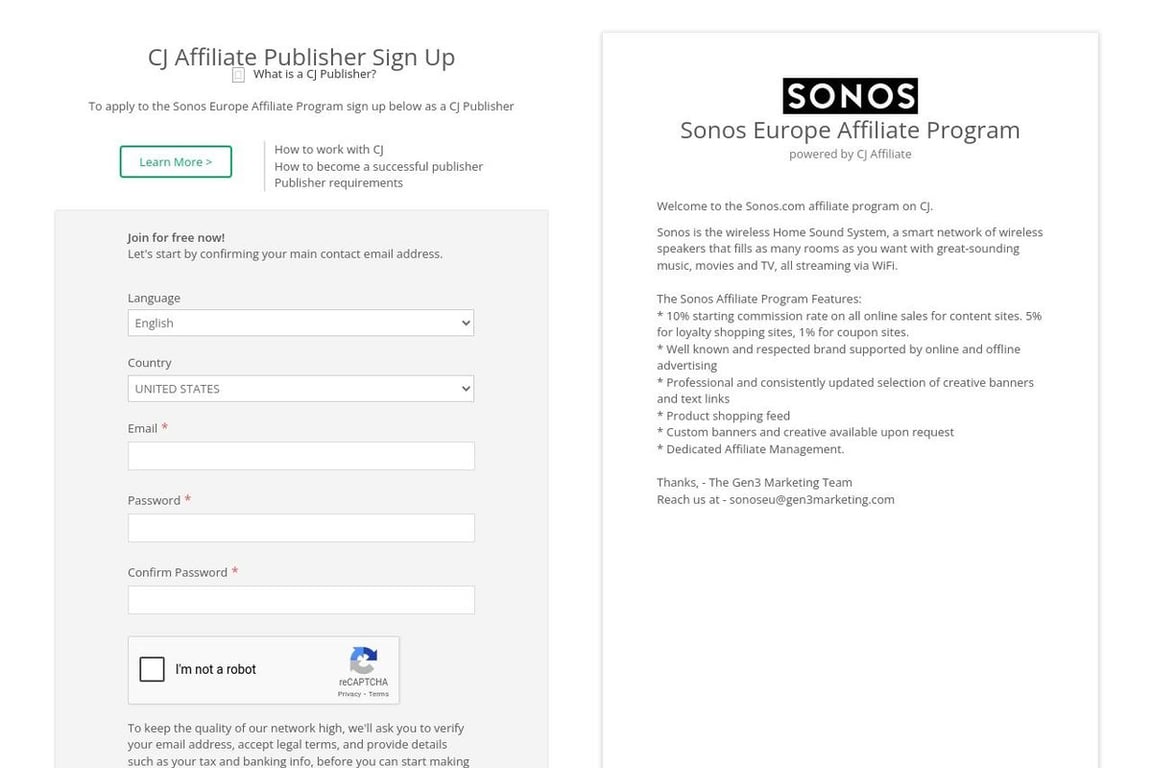 Sonos affiliate program signup page