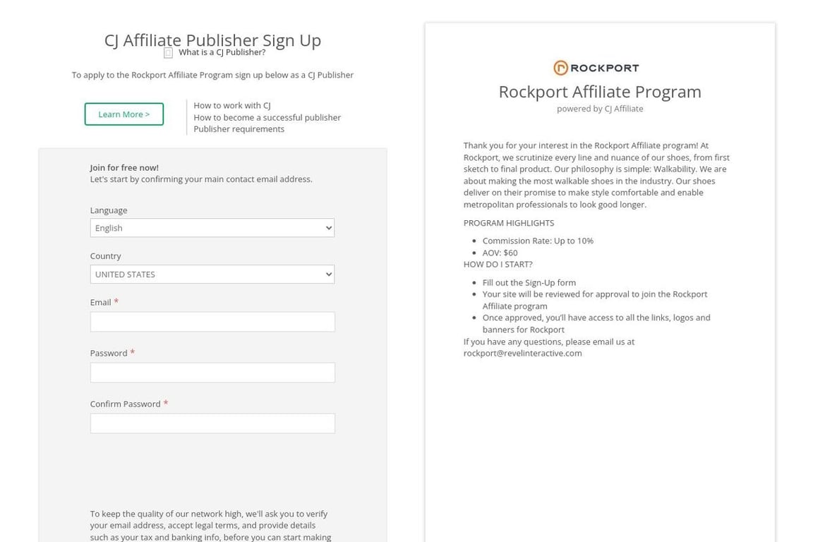 Rockport affiliate program signup page