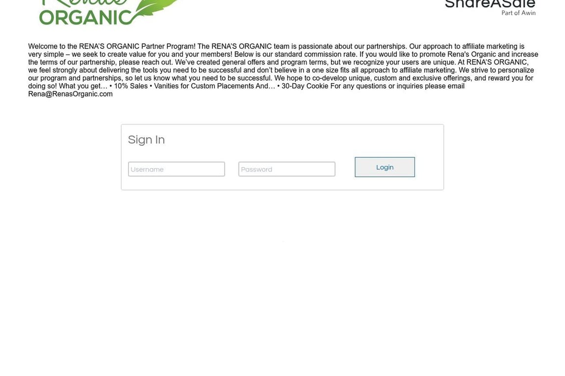 Rena’s Organic affiliate program signup page