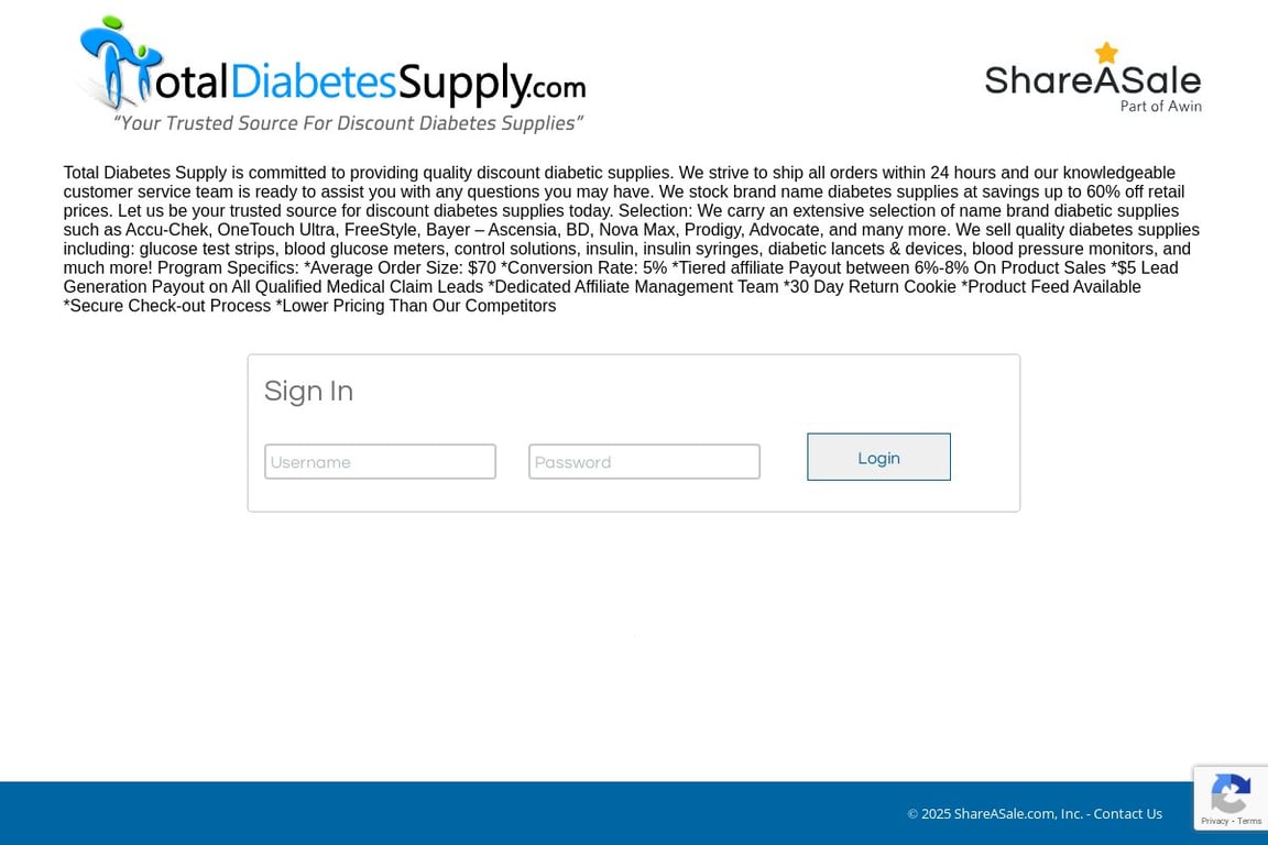 Total Diabetes Supply affiliate program signup page