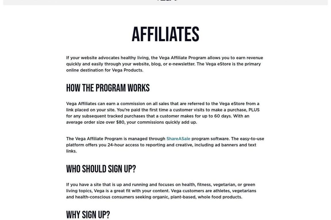 Vega affiliate program signup page