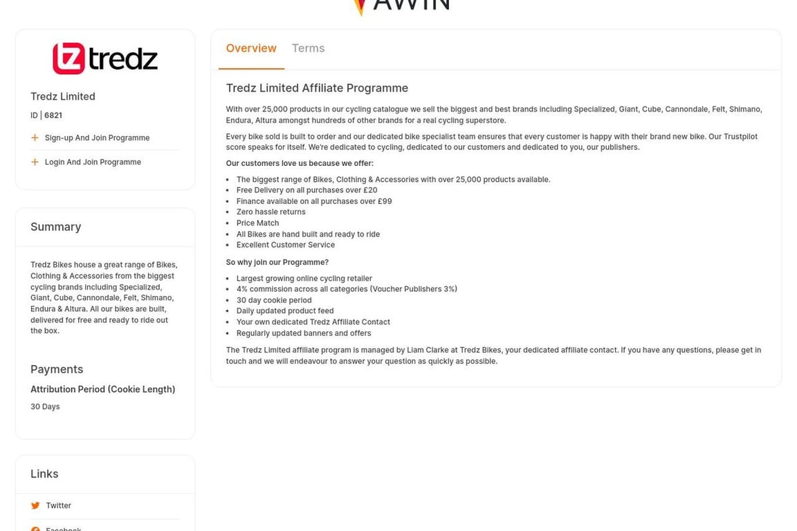 Tredz Limited affiliate program signup page