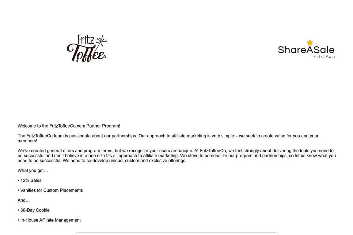 Fritz Toffee Company affiliate program signup page