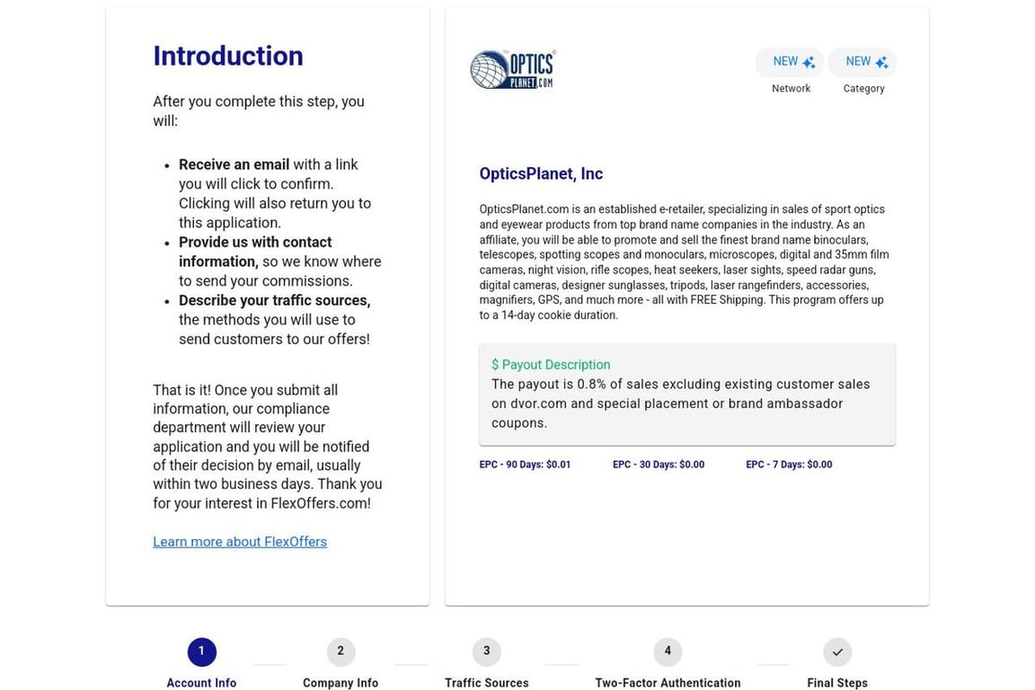 OpticsPlanet, Inc affiliate program signup page