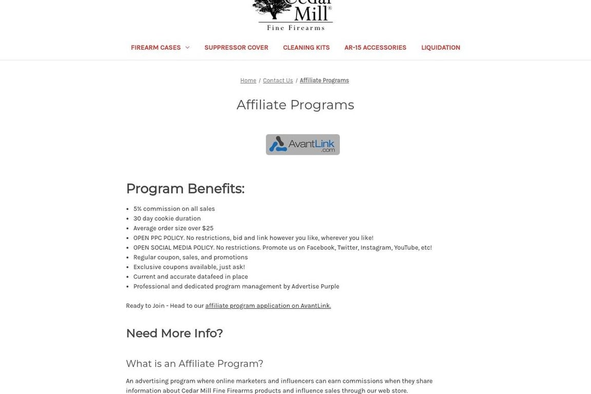 Cedar Mill Firearms affiliate program signup page