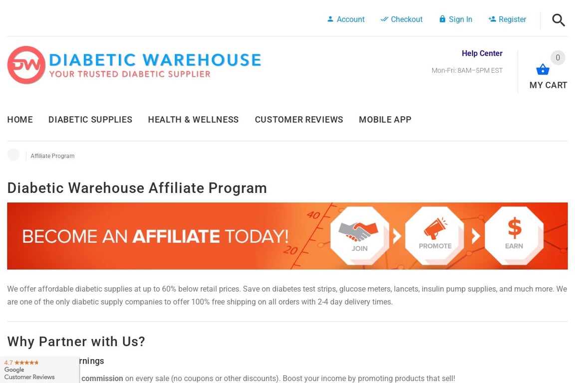 Diabetic Warehouse affiliate program signup page