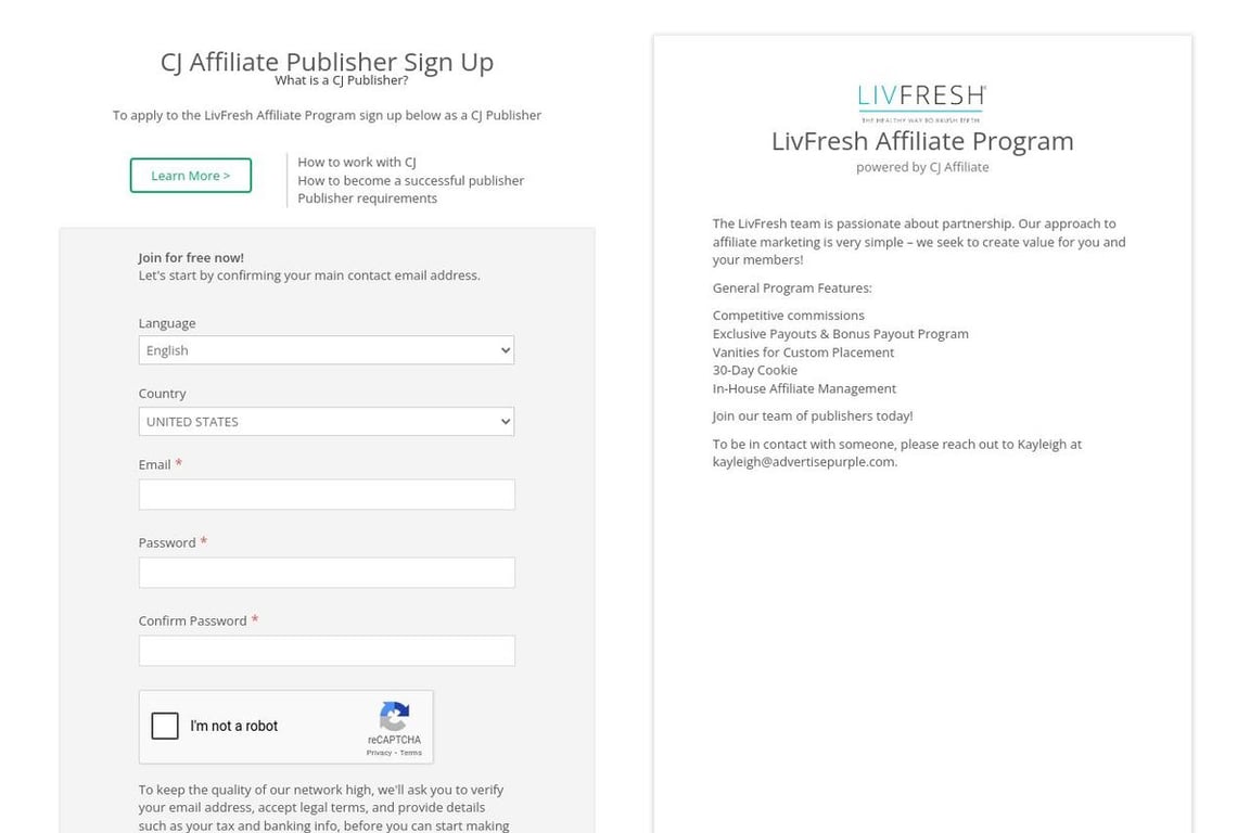 LivFresh affiliate program signup page