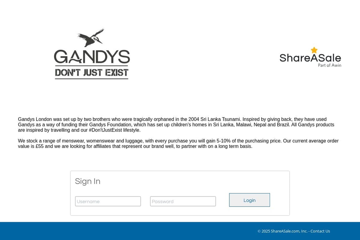 Gandys London affiliate program signup page