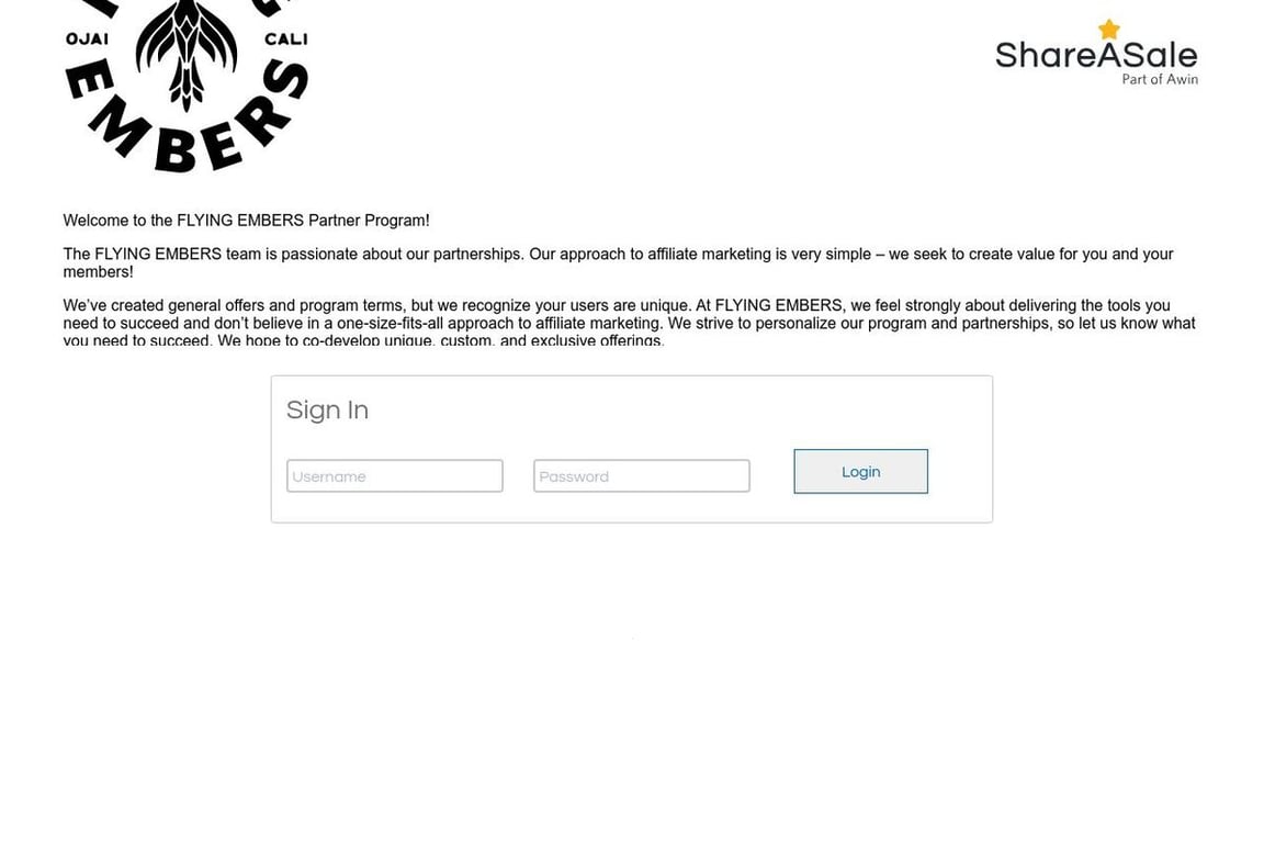 Flying Embers affiliate program signup page