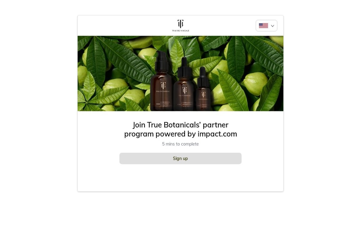 True Botanicals affiliate program signup page