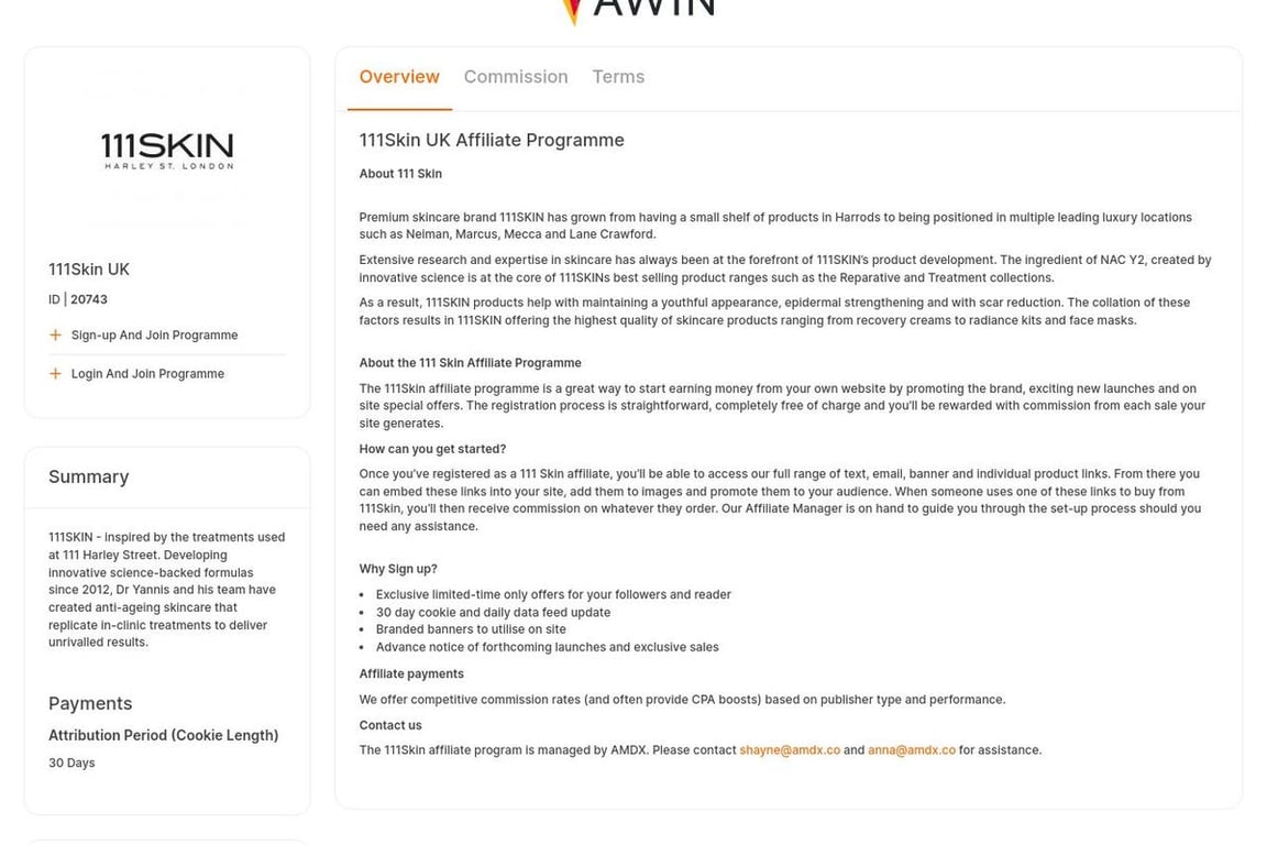 111Skin UK affiliate program signup page