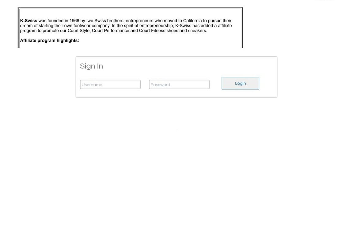K-Swiss affiliate program signup page
