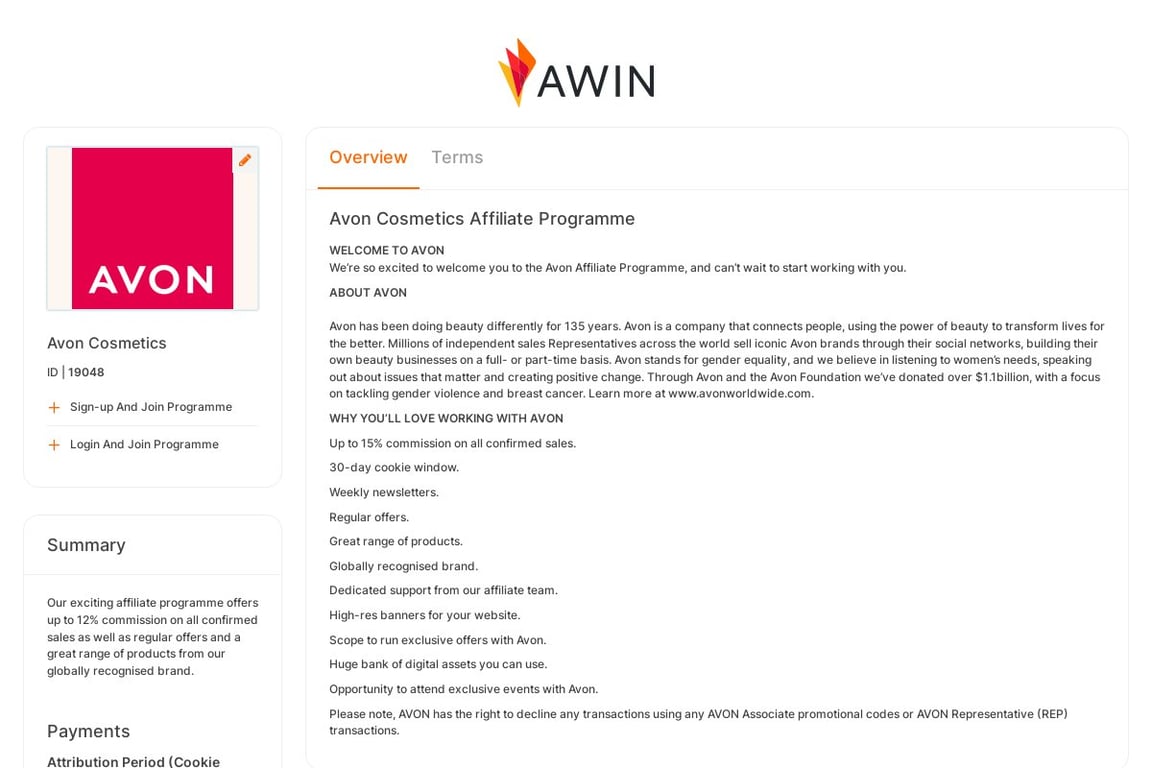 Avon Cosmetics affiliate program signup page
