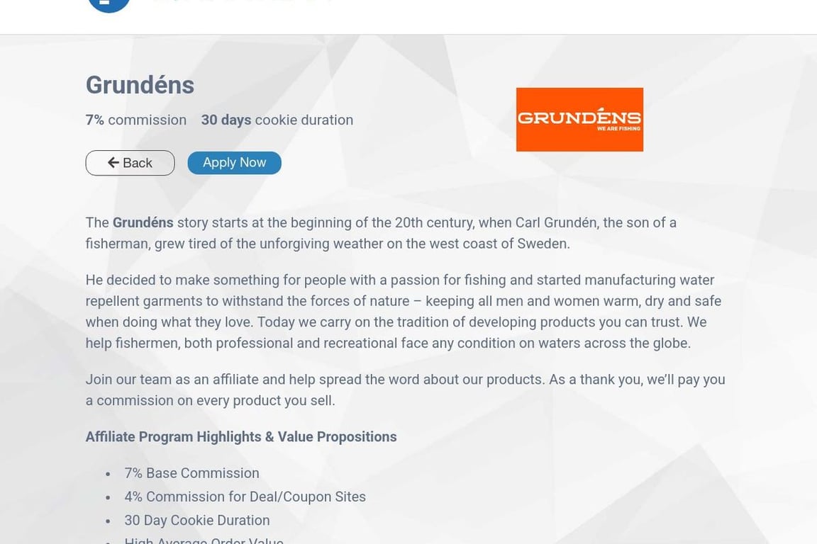Grundens affiliate program signup page