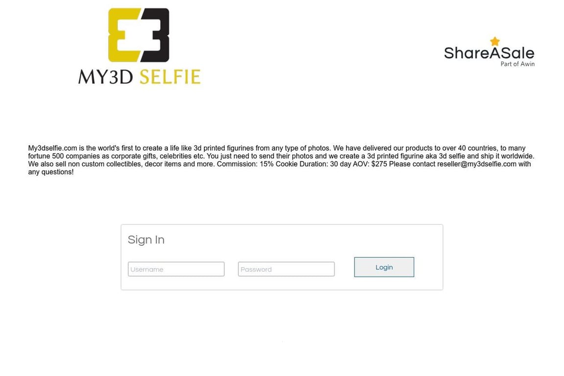 MY3DSELFIE affiliate program signup page