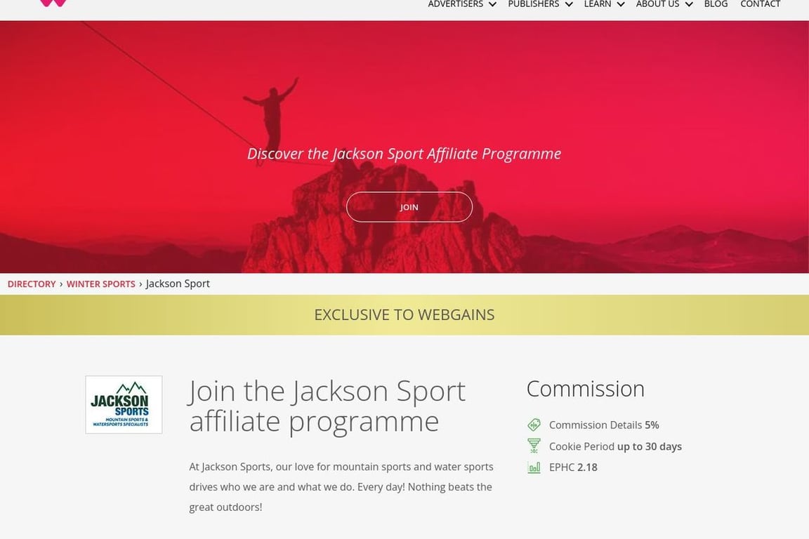 Jackson Sport affiliate program signup page