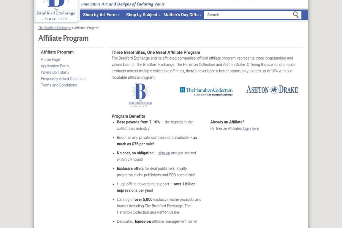 The Bradford Exchange affiliate program signup page