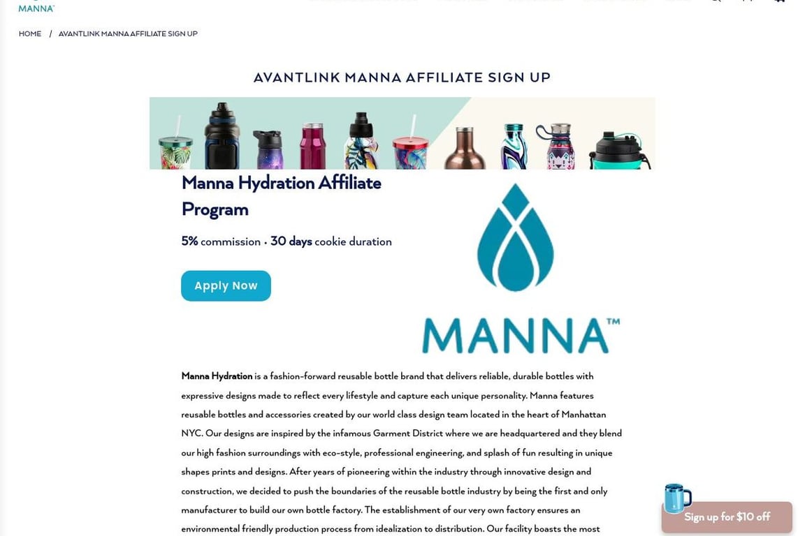 Manna Hydration affiliate program signup page