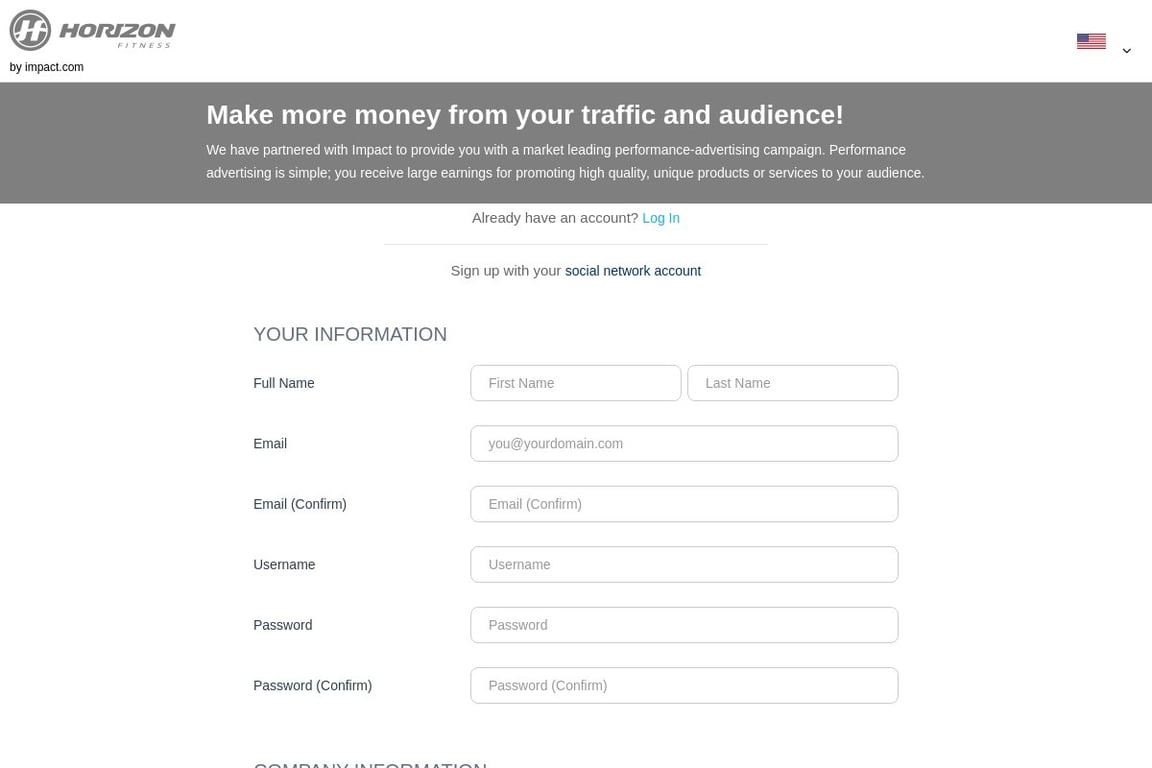 Horizon Fitness US Preferred affiliate program signup page