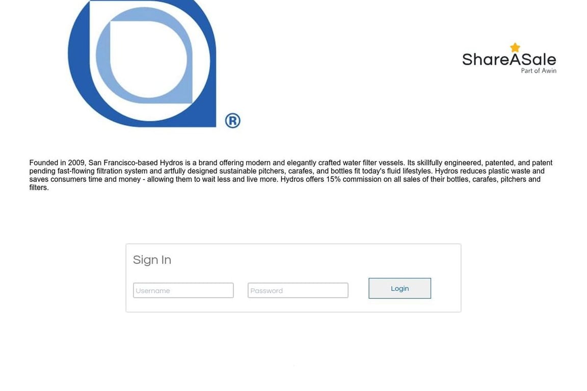 Hydros Bottle affiliate program signup page