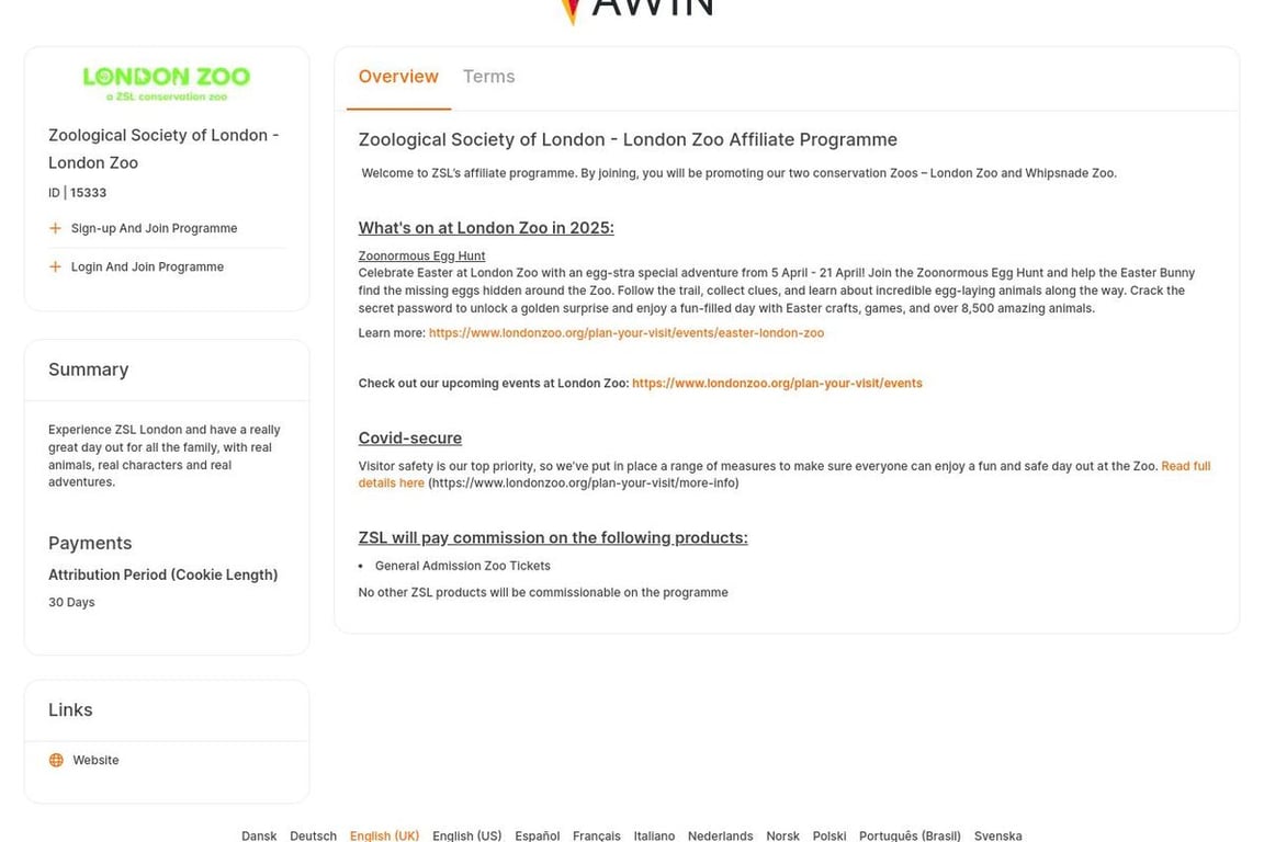 Zoological Society of London – London Zoo affiliate program signup page
