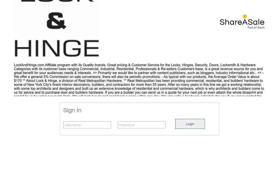 LockAndHinge.com affiliate program signup page