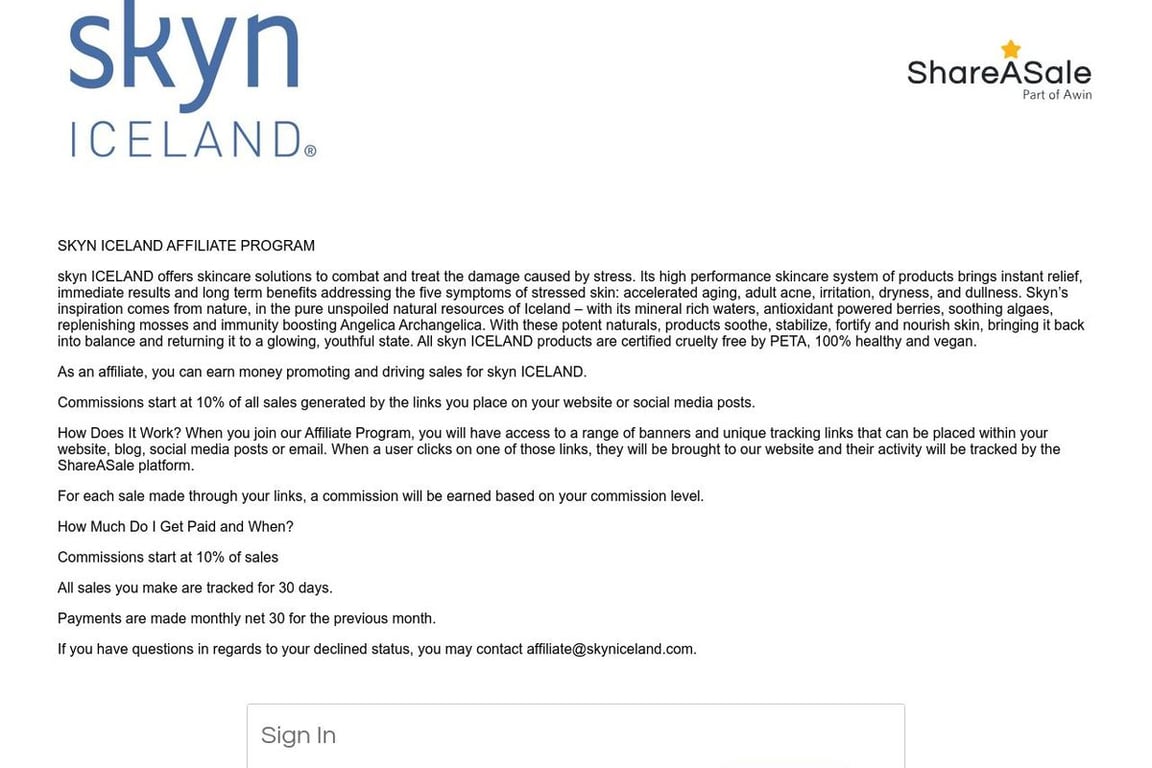 Skyn ICELAND affiliate program signup page