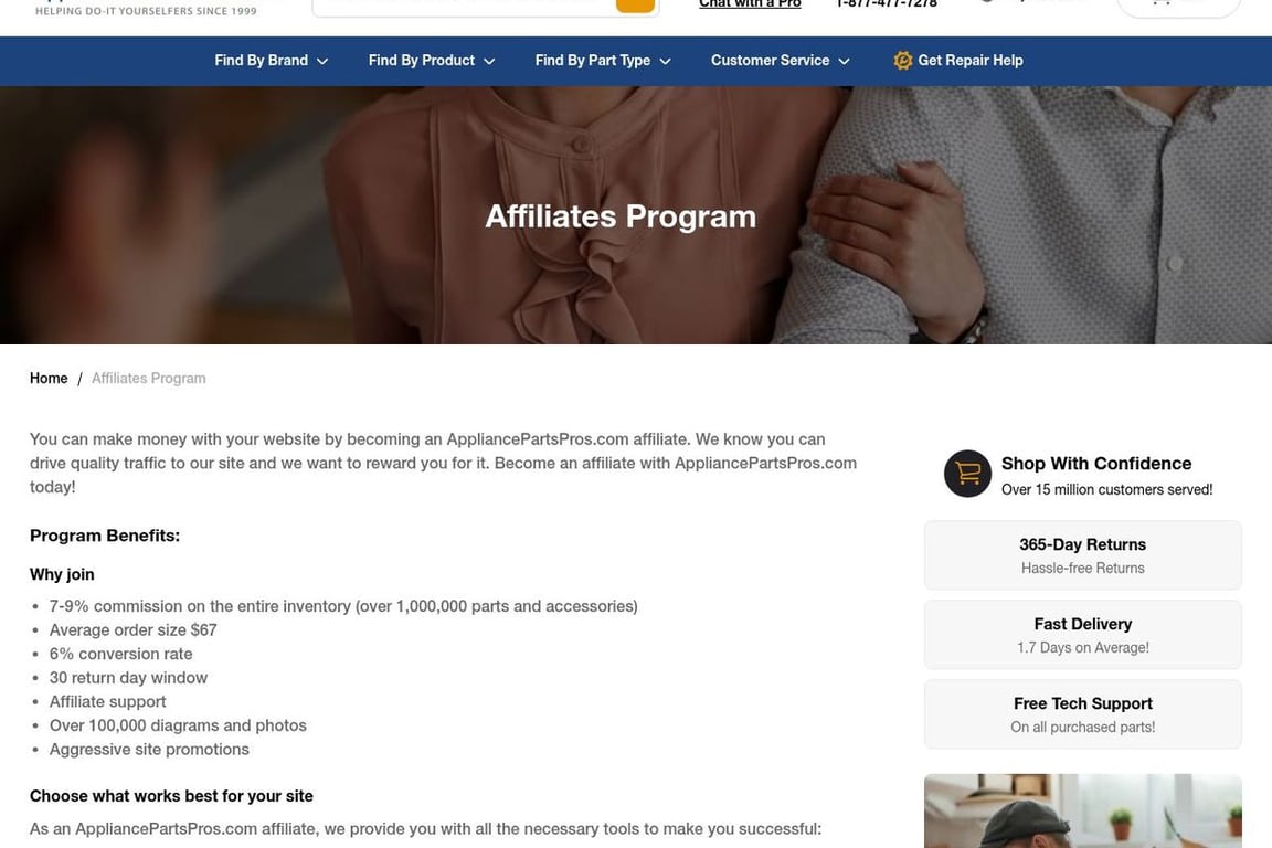 Appliance Parts Pros affiliate program signup page
