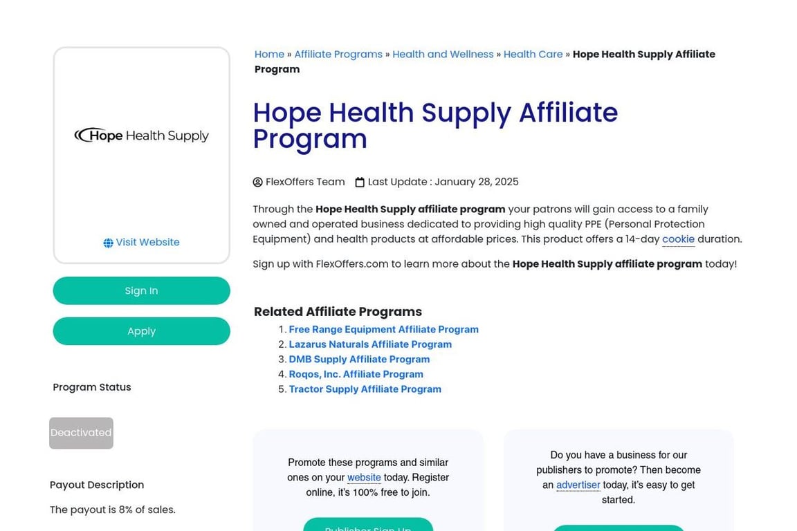 Hope Health Supply affiliate program signup page