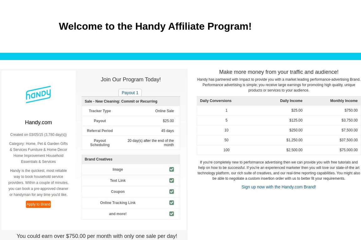 Handy affiliate program signup page