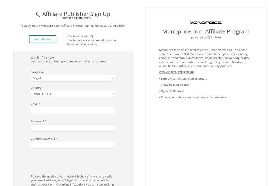 Monoprice affiliate program signup page
