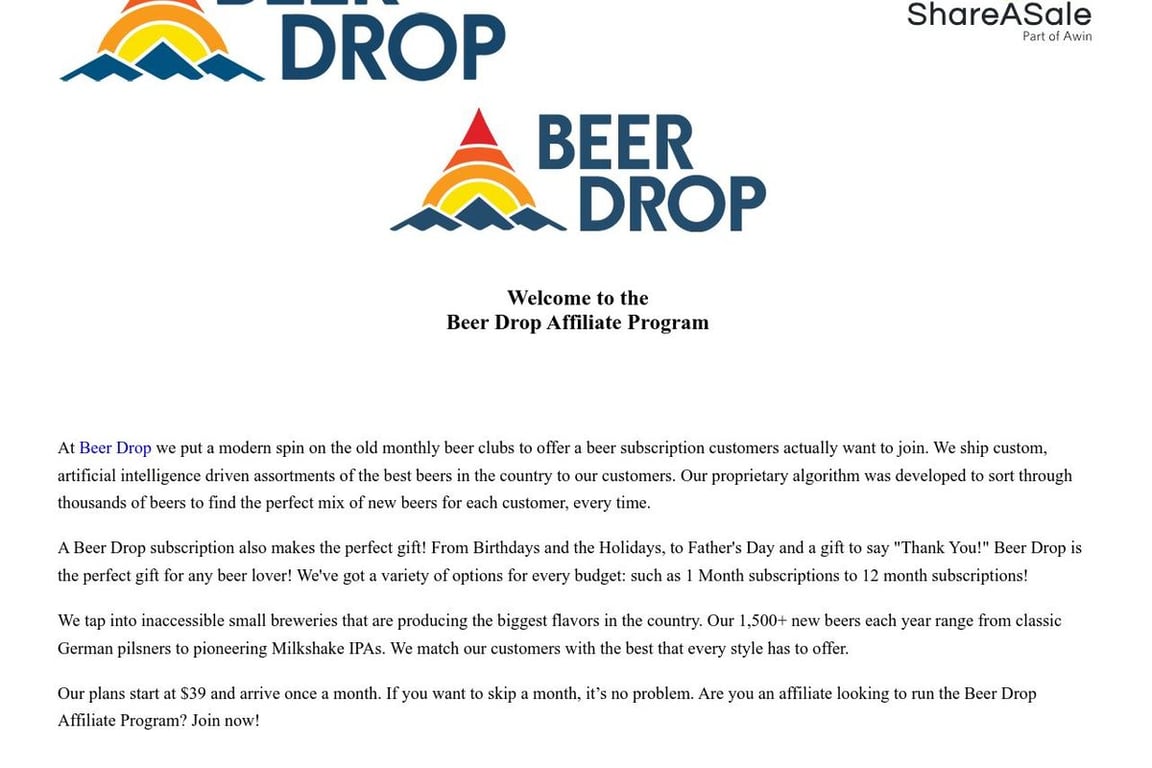 Beer Drop affiliate program signup page