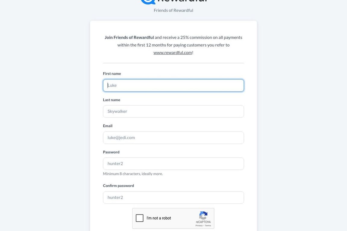 Rewardful affiliate program signup page
