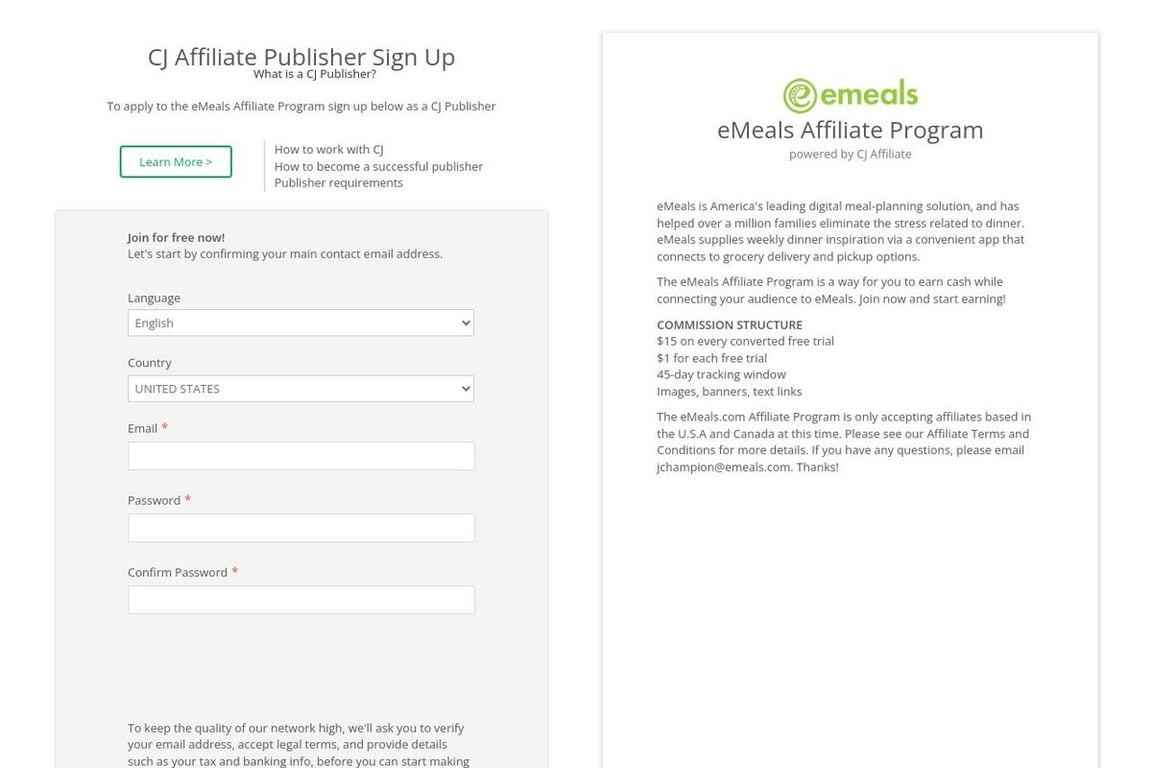 EMeals affiliate program signup page