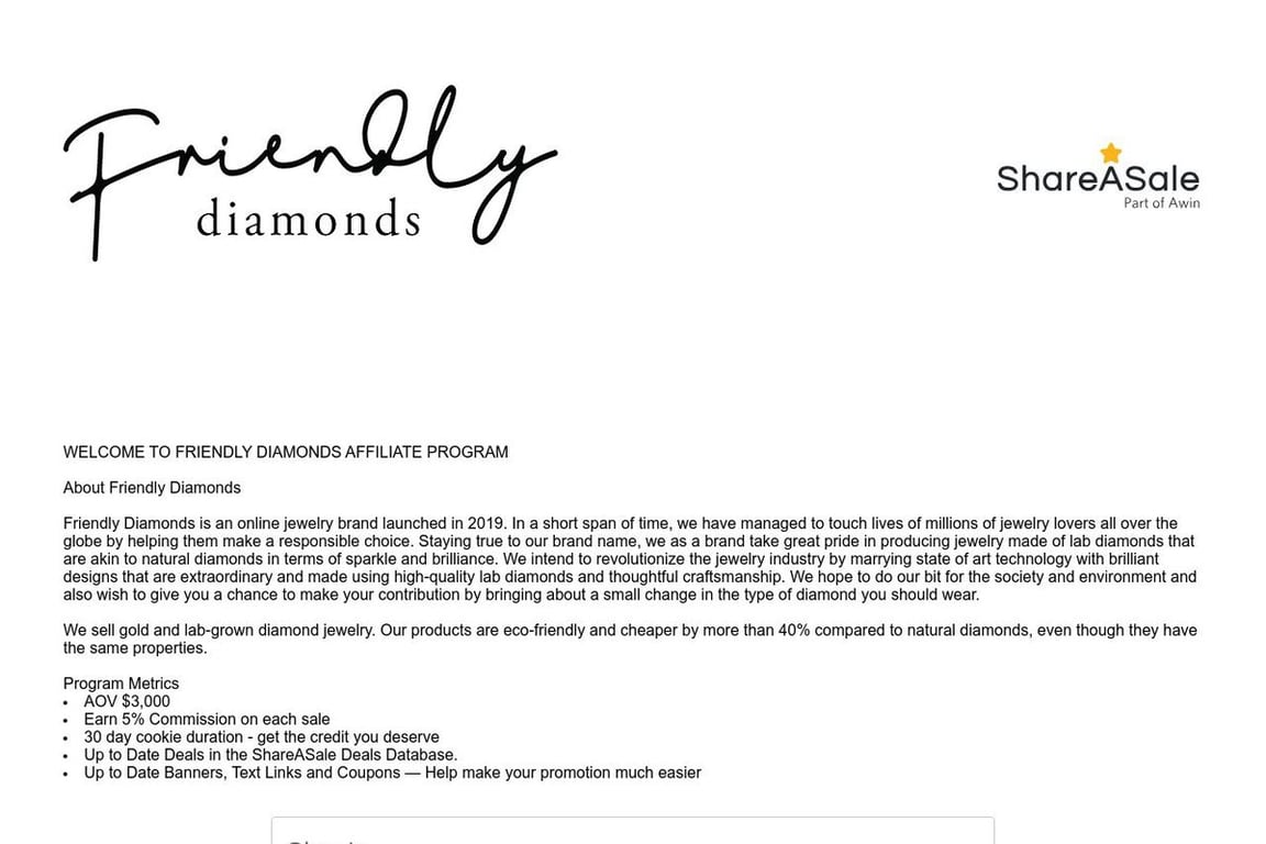 Friendly Diamonds affiliate program signup page