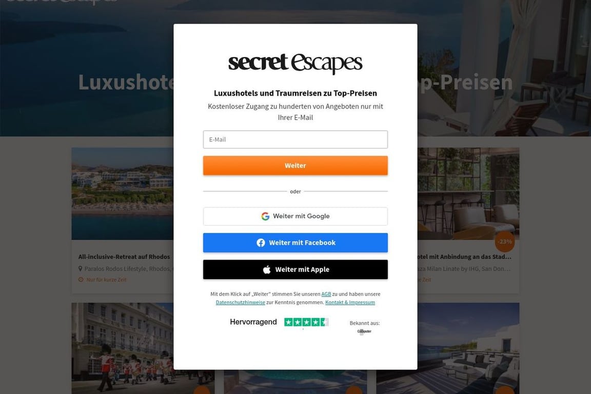 Secret Escapes DE homepage