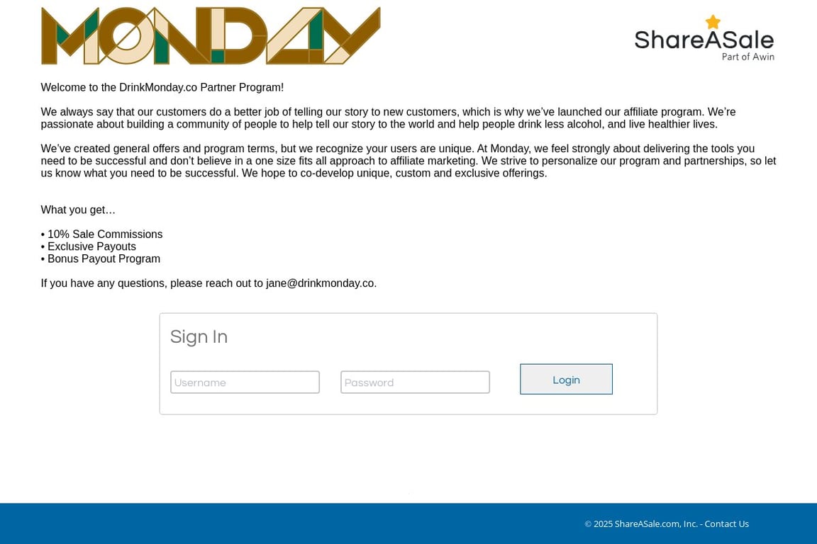Drink Monday Inc. affiliate program signup page