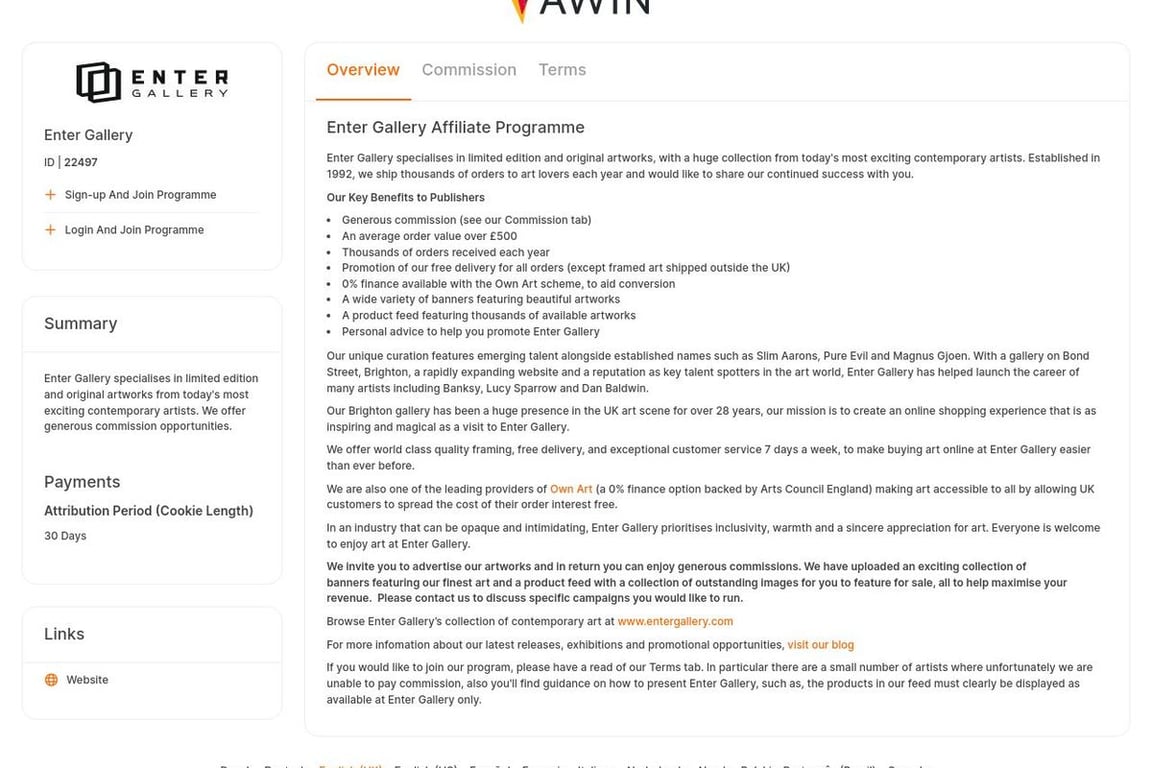 Enter Gallery affiliate program signup page