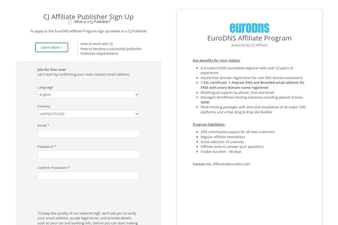 EuroDNS affiliate program signup page